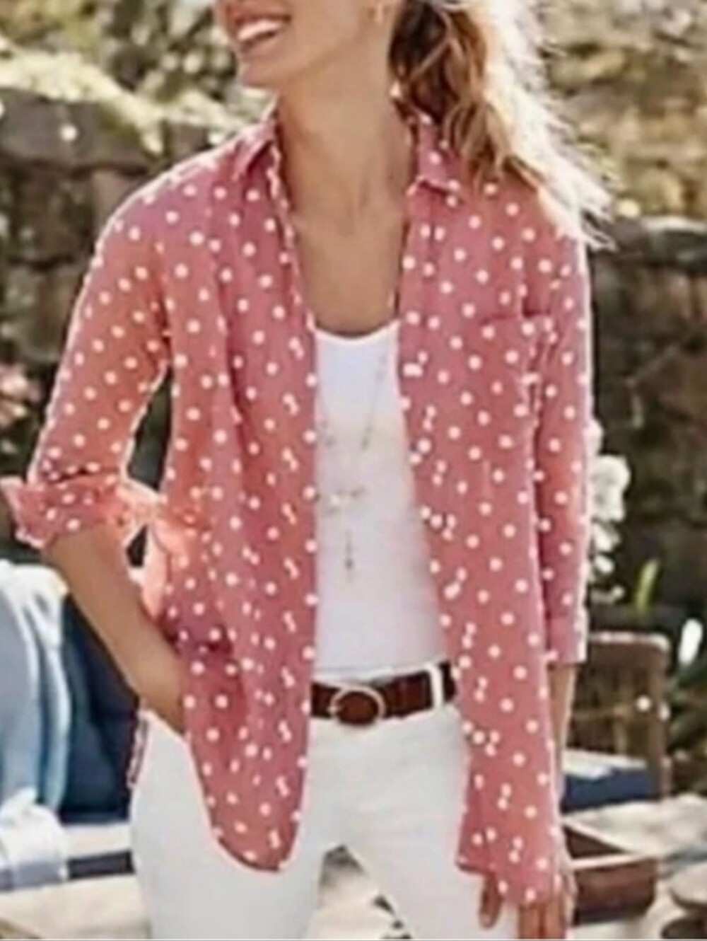 J. Jill Embroidered Polka Dot Button Down Shirt In Rose Pink And White